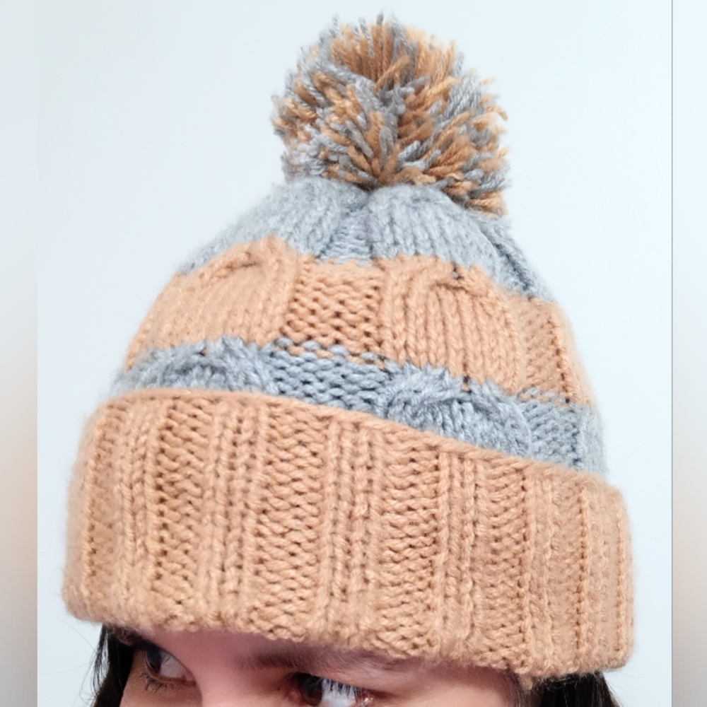 Cozy Hand  Knitted Pom-Pom Beanie for Kids, Women, Men - Tan and Gray
